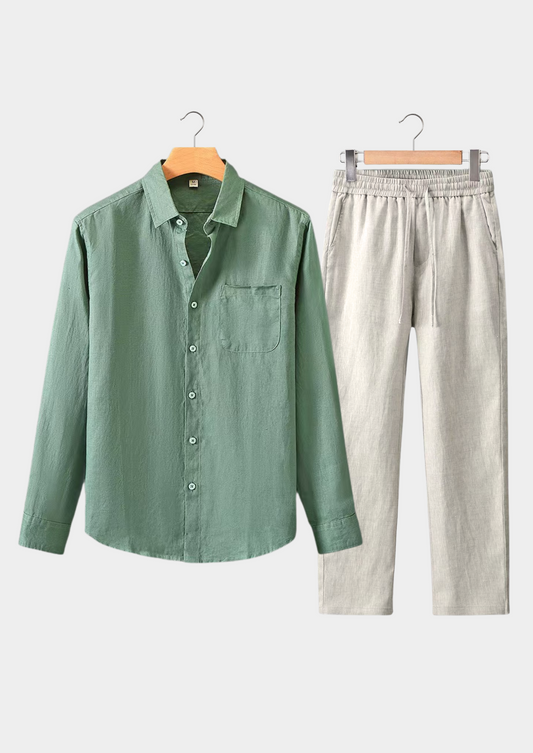 Toscana Longsleeve Linen Set - Green/Beige