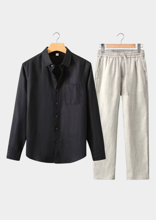 Toscana Longsleeve Linen Set - Black/Beige