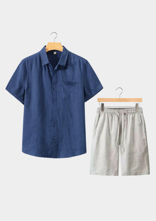 Toscana Shortsleeve Linen Set - Navy/Beige