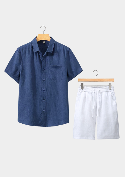 Toscana Shortsleeve Linen Set - Navy/White