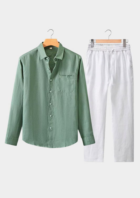 Toscana Longsleeve Linen Set - Green/White