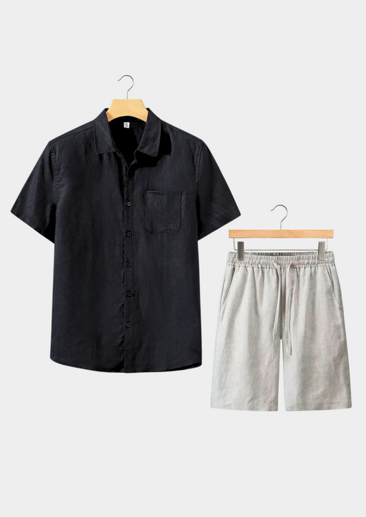 Toscana Shortsleeve Linen Set - Black/Beige